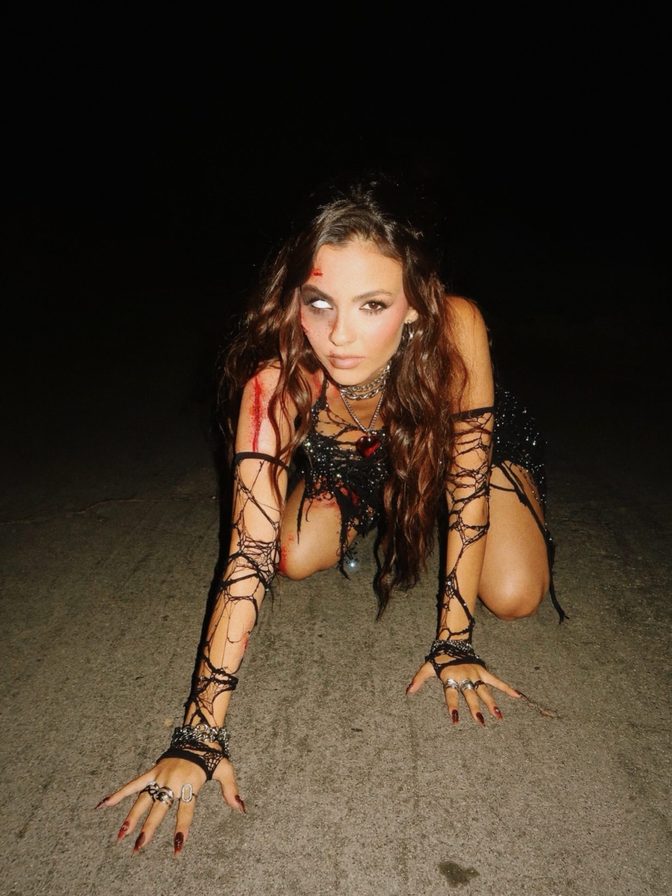 Victoria Justice Sparkly Shredded Mesh Zombie Dress Blood