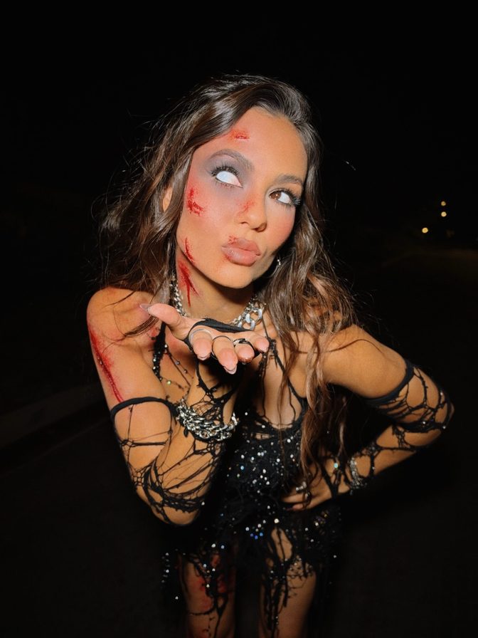 Victoria Justice Sparkly Shredded Mesh Zombie Dress Blood