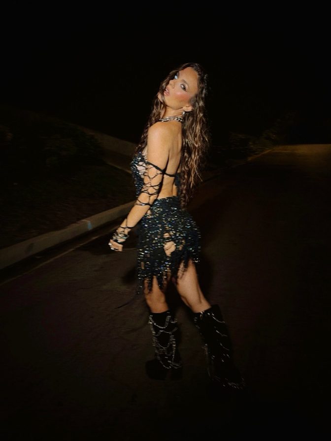 Victoria Justice Sparkly Shredded Mesh Zombie Dress Blood