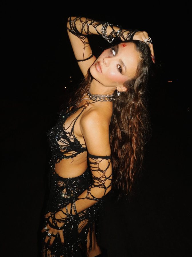 Victoria Justice Sparkly Shredded Mesh Zombie Dress Blood