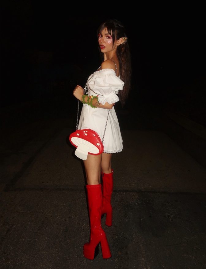 Victoria Justice Tiny White Dress Red Boots Mushroom Fairy