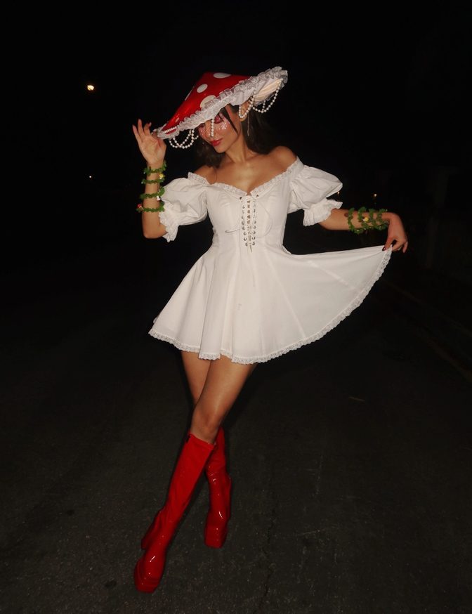Victoria Justice Tiny White Dress Red Boots Mushroom Fairy